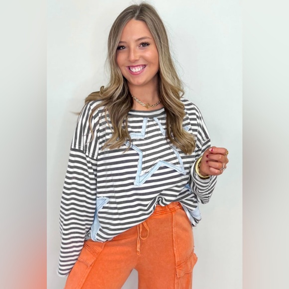 Saddleandsage Tops - Striped Star Pattern Long Sleeve Top